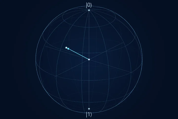 A quantum state vector traces gold QTM letters across a Bloch sphere.